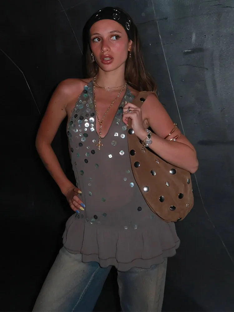 Sequin Disc Embellished Halter Deep V-Neck Tiered Ruffle Mini Dress