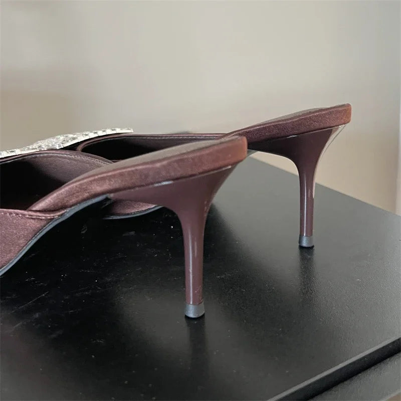 Crystal Buckle Pointed Toe Thin Heel Slippers for Women - Fashionable Casual Party Mules