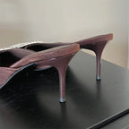 Crystal Buckle Pointed Toe Thin Heel Slippers for Women - Fashionable Casual Party Mules