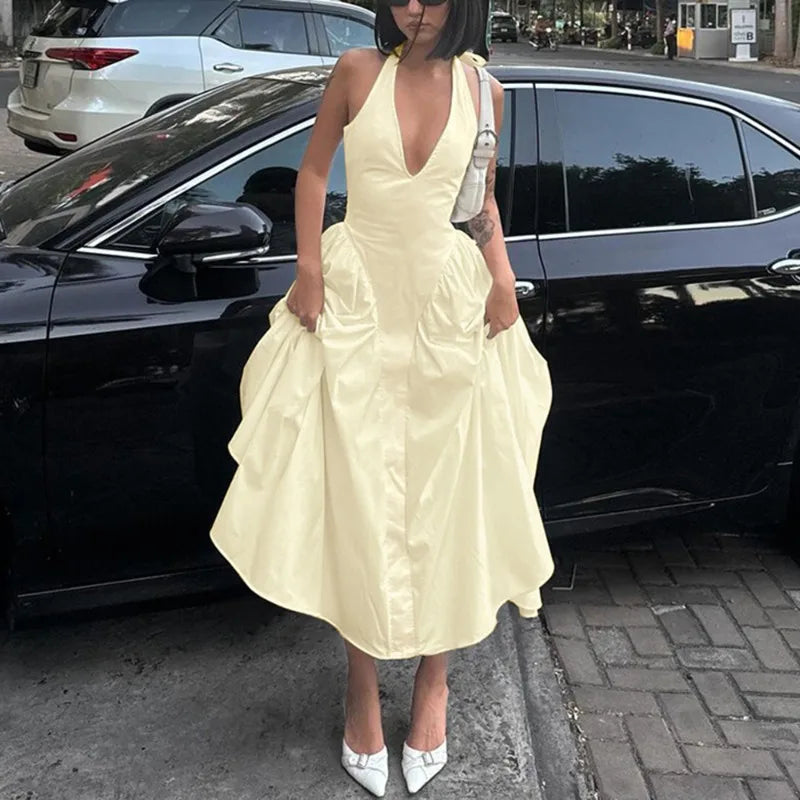 Halter Plunging V-Neck Drop Waist Pleated Fit and Flare Midi Dress