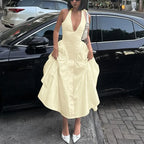 Halter Plunging V-Neck Drop Waist Pleated Fit and Flare Midi Dress