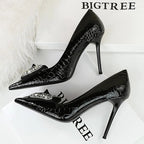 Women's Stiletto Pumps with Bowknot Design and Rhinestone Detail