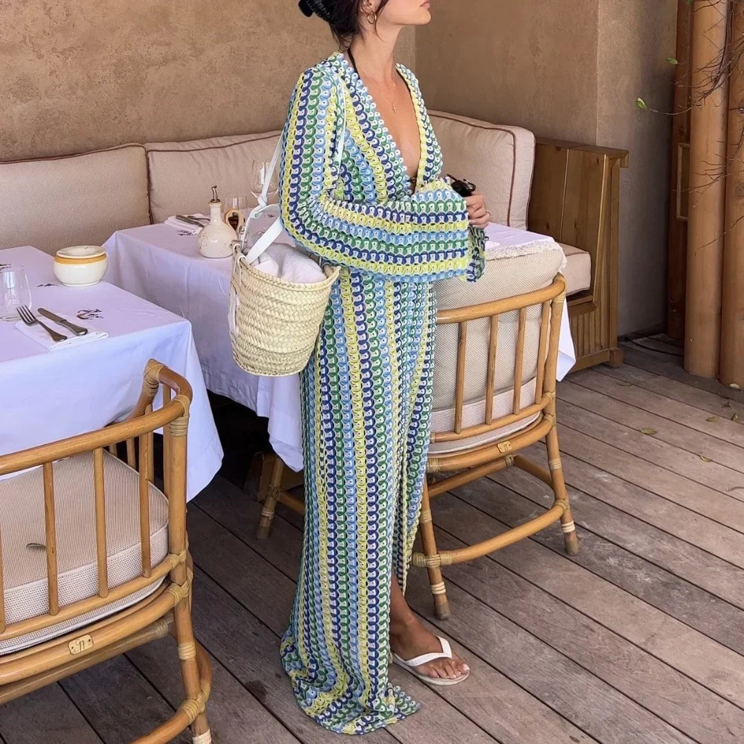 Crochet Stripe Bell Sleeve Plunging V-Neck Maxi Dress