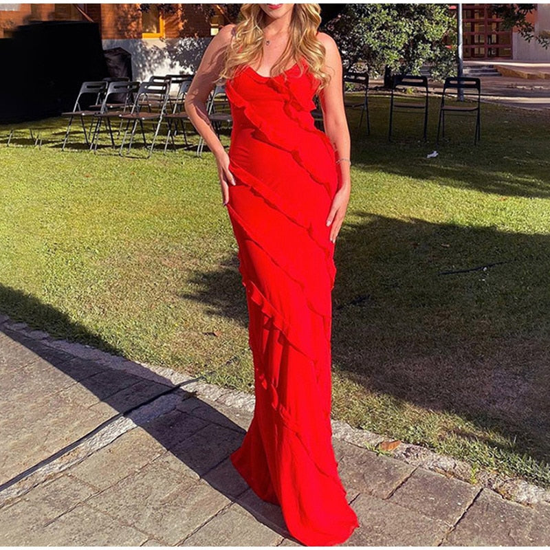 Deep V-Neck Spaghetti Strap Diagonal Tiered Ruffle Maxi Dress