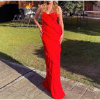Deep V-Neck Spaghetti Strap Diagonal Tiered Ruffle Maxi Dress