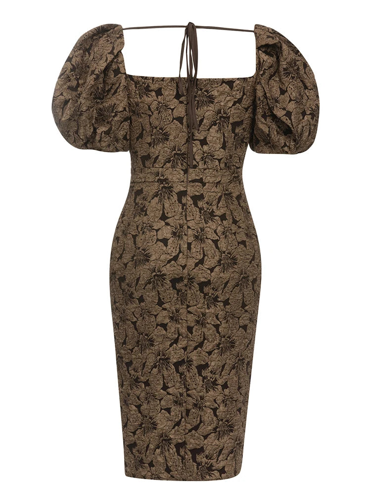Eira Jacquard Fabric Midi Dress with Puff Sleeves