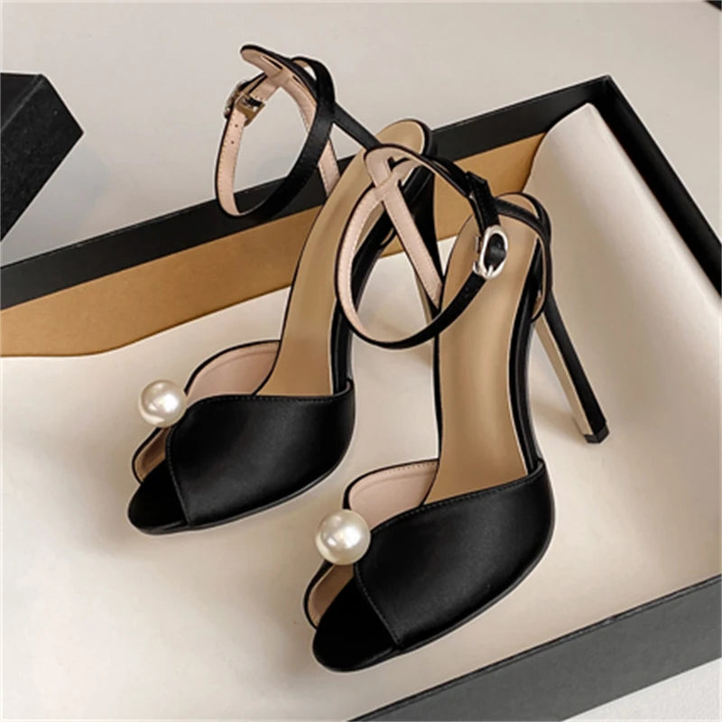 String Bead Peep Toe Sandals with Ankle Buckle Strap and Stiletto Heels