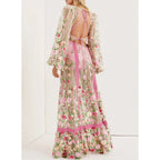 Sheer Floral Embroidered Bishop Sleeve Lace Trim Tiered Maxi Dress
