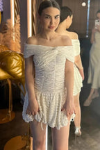 Off-Shoulder Pleated Sleeveless A-Line Mini Dress with High Waist