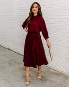 Gathered Mock Neck Lantern Sleeve Tie Waist A-Line Midi Dress