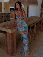 Strapless Sweetheart Side Cutout Abstract Print Chain Halter Bodycon Maxi Dress