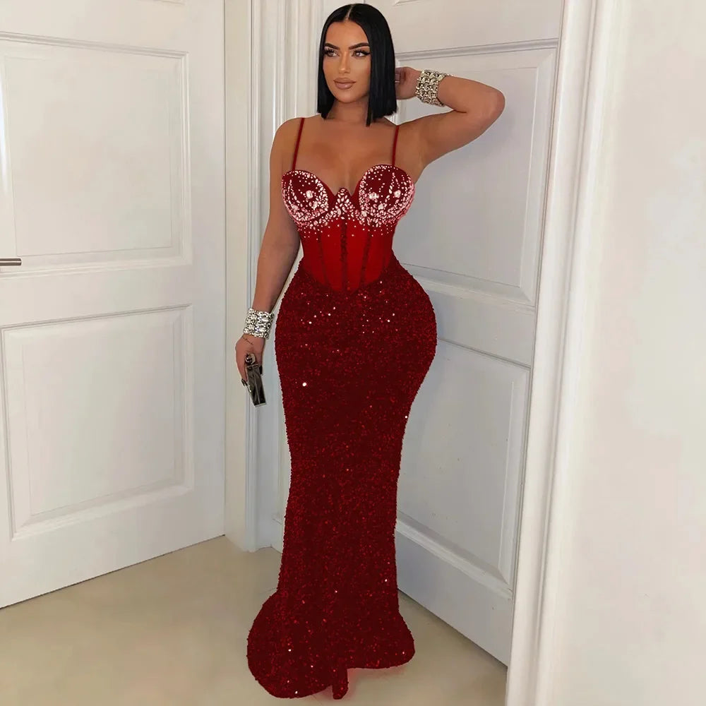Rhinestone Corset Sweetheart Sequin Mermaid Column Maxi Gown