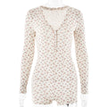 Fashion Print Playsuits Sexy Long Sleeve Low Chest V Neck Button Half Cardigan High Waist Straight Pants Playsuit