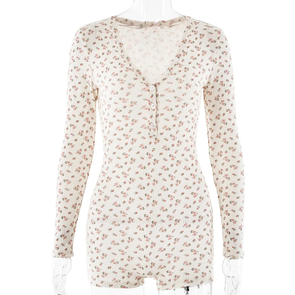 Fashion Print Playsuits Sexy Long Sleeve Low Chest V Neck Button Half Cardigan High Waist Straight Pants Playsuit