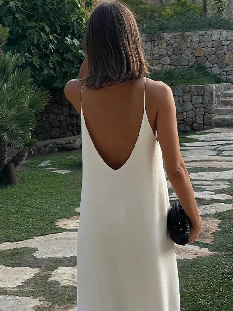 Satin Spaghetti Strap Lace Insert Ruffle Hem Maxi Dress