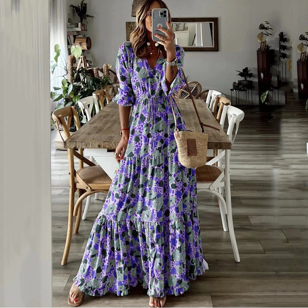 Deep V-Neck Drawstring Waist Tiered Ruffle Abstract Print Maxi Dress