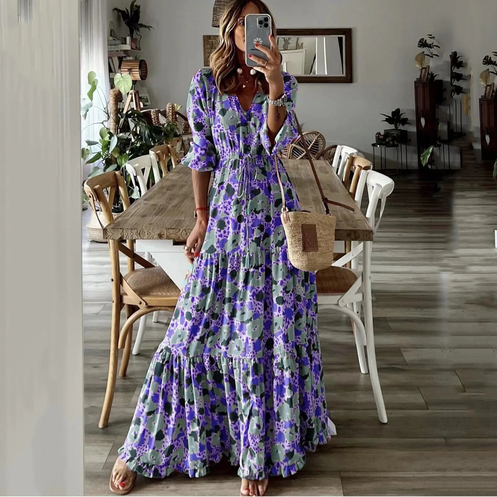 Deep V-Neck Drawstring Waist Tiered Ruffle Abstract Print Maxi Dress