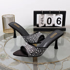 High heeled fishmouth slippers with rhinestones for summer
