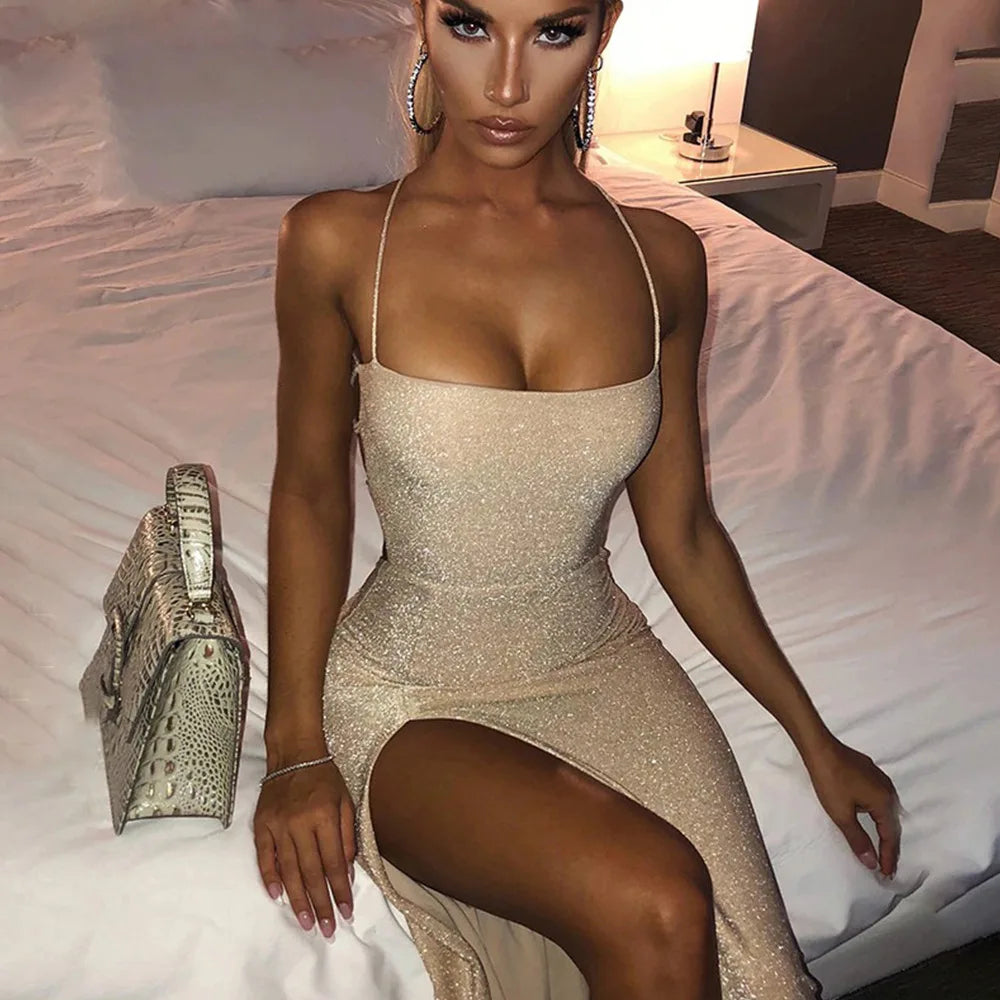 Sequin Square Neck Spaghetti Strap High Slit Midi Dress