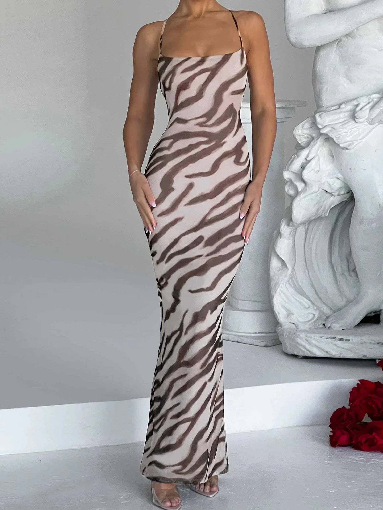 Zebra Print Strapless Bodycon Mermaid Hem Maxi Dress