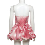 Spring Summer Plaid Tops for Women Streetwear Strapless Off Shoulder Backless Ruched Red T-shirt Girls Sleeveless Tees Top