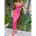 Floral Print Halter Ring Neck Side Waist Cutout Column Midi Dress