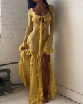 Tie Front Keyhole Long Sleeve Ruffle Cuff High Split Maxi Dress
