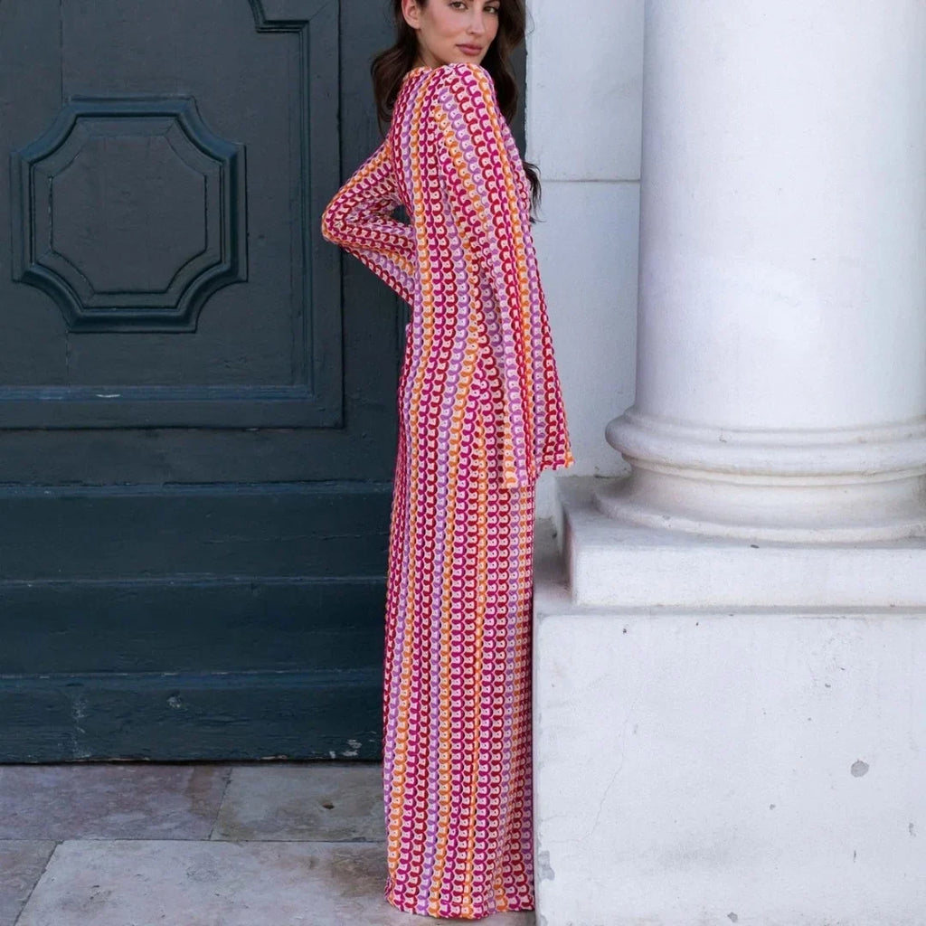 Crochet Stripe Bell Sleeve Plunging V-Neck Maxi Dress