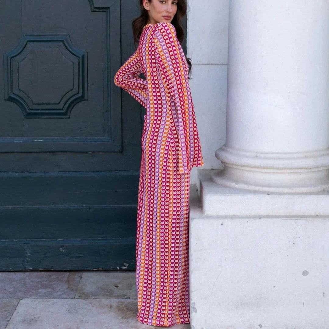 Crochet Stripe Bell Sleeve Plunging V-Neck Maxi Dress