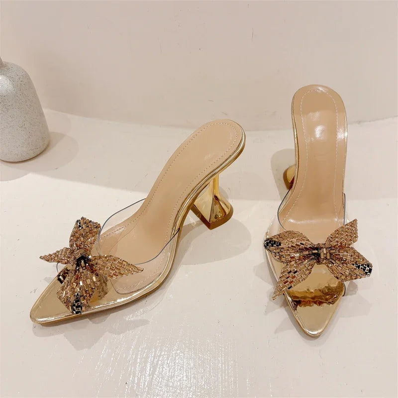 Glitter Crystal Peep Toe Women Slippers with Transparent High Heels