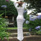 Deep V-Neck Floral Lace Bell Cuff Long Sleeve Sheer Maxi Dress