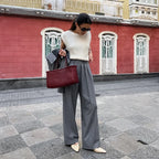 New Autumn Gray Straight Pant Cotton Blend Solid Color High Wiast Loose Woman Trouser Casual Simple Female Clothing New