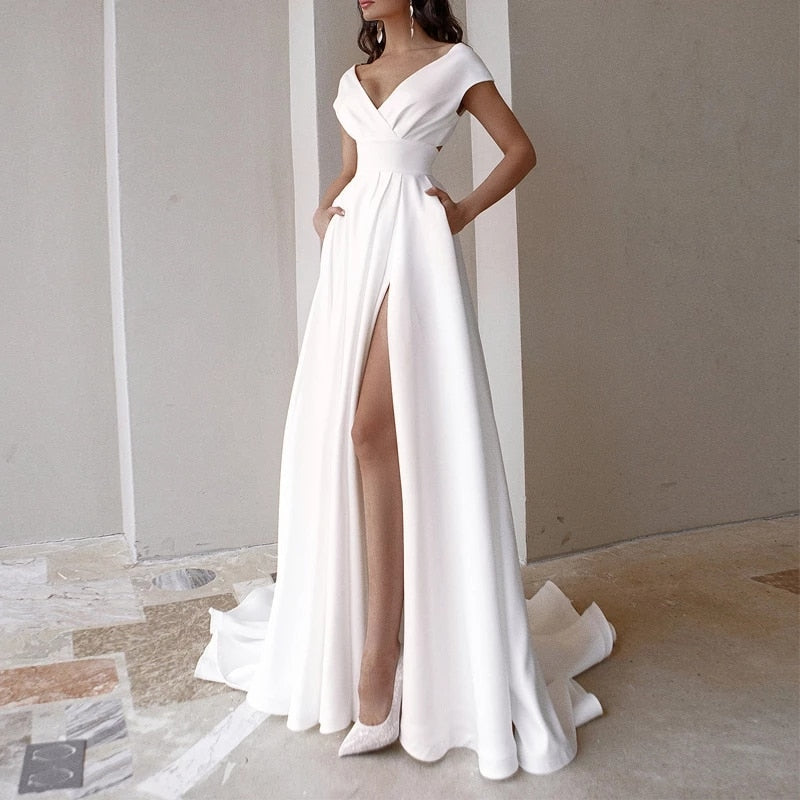 DressBetty - Elegant Casual Women's Dresses Sexy V-neck Side Slit Backless White Long Skirt Wedding