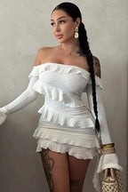 Off Shoulder Pleated Strapless Long Sleeve Patchwork Mini Dress - Mini Dress