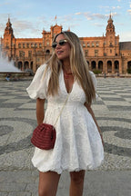 V Neck Puff Sleeve Mini Dress