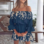 Off Shoulder Floral Print Bell Sleeve Elastic Waist Ruffle Cuff Mini Dress