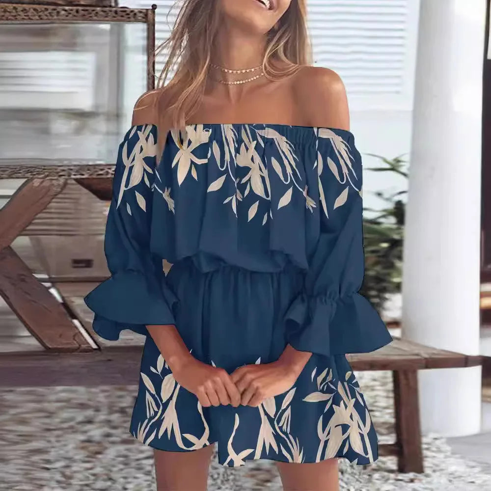 Off Shoulder Floral Print Bell Sleeve Elastic Waist Ruffle Cuff Mini Dress
