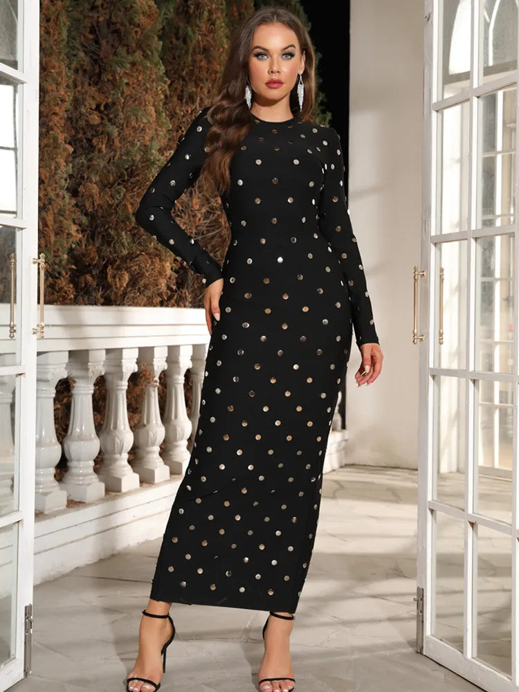 Tatiana Long Sleeve Bandage Maxi Dress with Embellishments