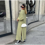 Casual Street Lace Up Long Dresses Women New Chic Loose V-neck Side Slit Solid Dress Female Summer Versatiel Street Party Robes