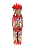 Yvaine Strapless Red Dress with Feathers and Sequins