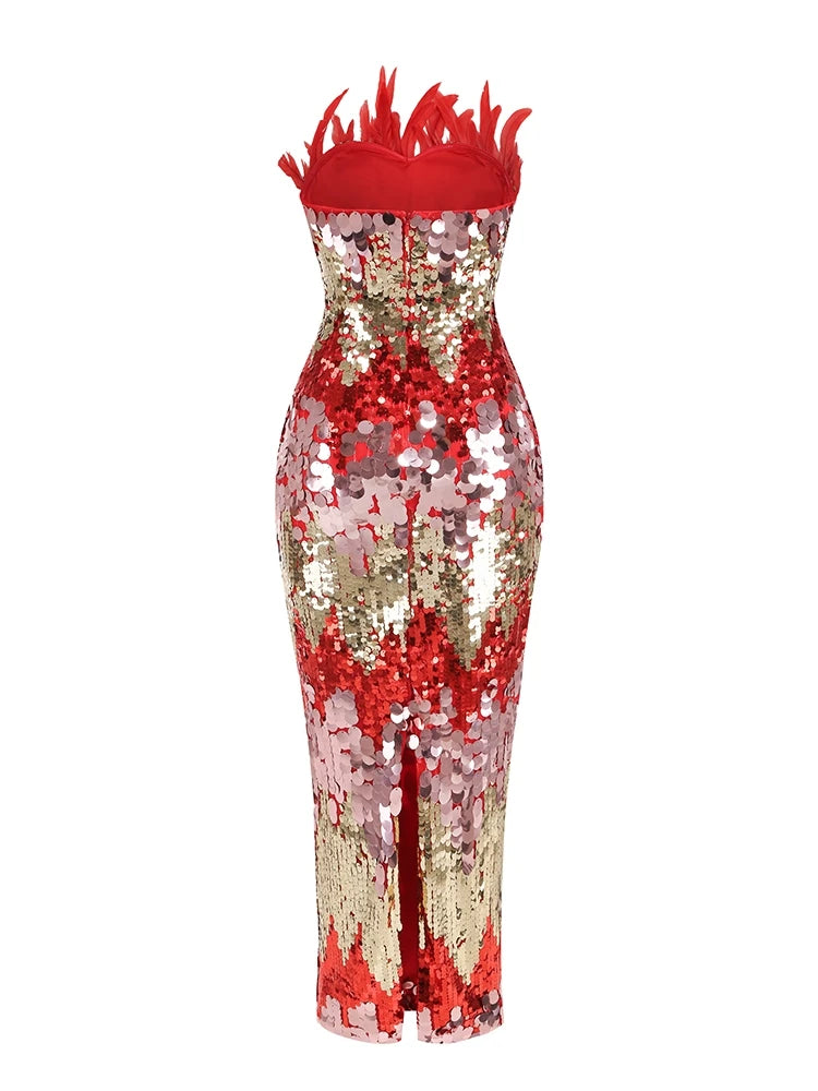 Yvaine Strapless Red Dress with Feathers and Sequins