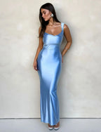 Scoop Neck Wide Strap Seamed Waist Satin Column Maxi Dress