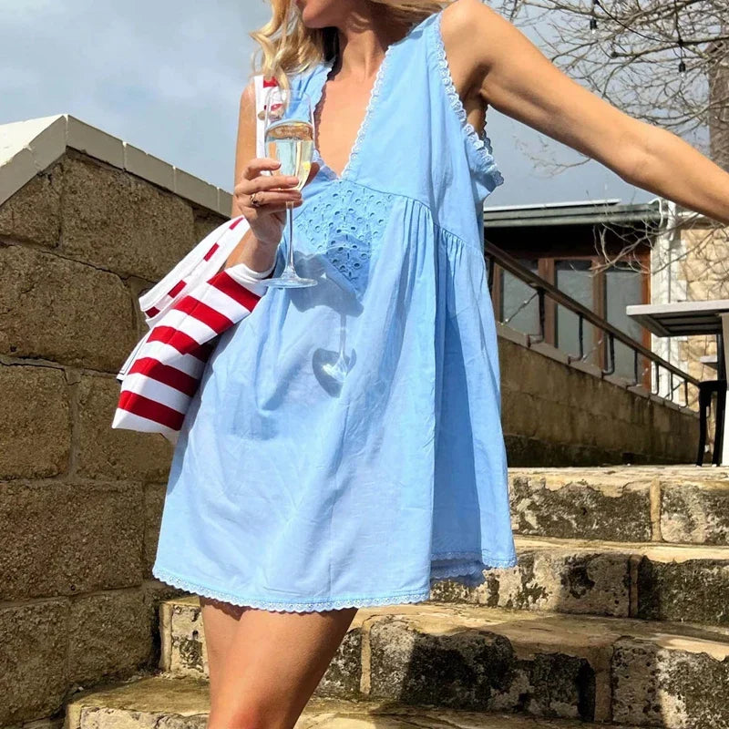 V-Neck Lace Inset Eyelet Panel Gathered Babydoll Flare Mini Dress