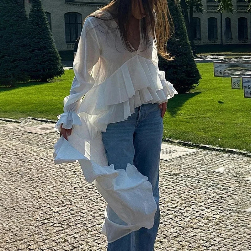 Ruffles V-neck Long Sleeve Casual Blouse
