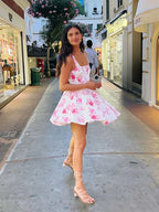 Woman Clothing Sexy Slash Neck Floral Printed Birthday Party Dress Sleeveless High Waist A-line White Short Holiday Dresses 2024