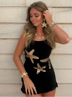 Starfish Applique Scoop Neck Lettuce Hem Mini Dress