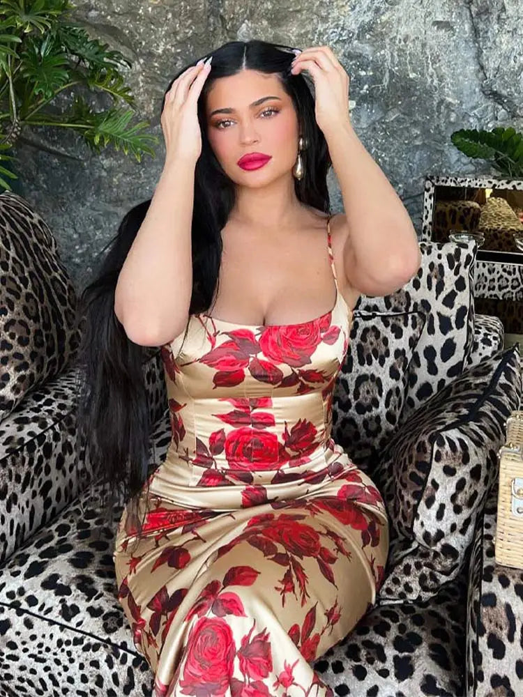 Floral Print Square Neck Spaghetti Strap Bodycon Midi Dress