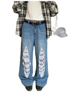 Jeans With Contrasting Plaid Holes And Splicing High-Waisted Women'S Summer American High Street Loose Slimming Wide-Leg Pants