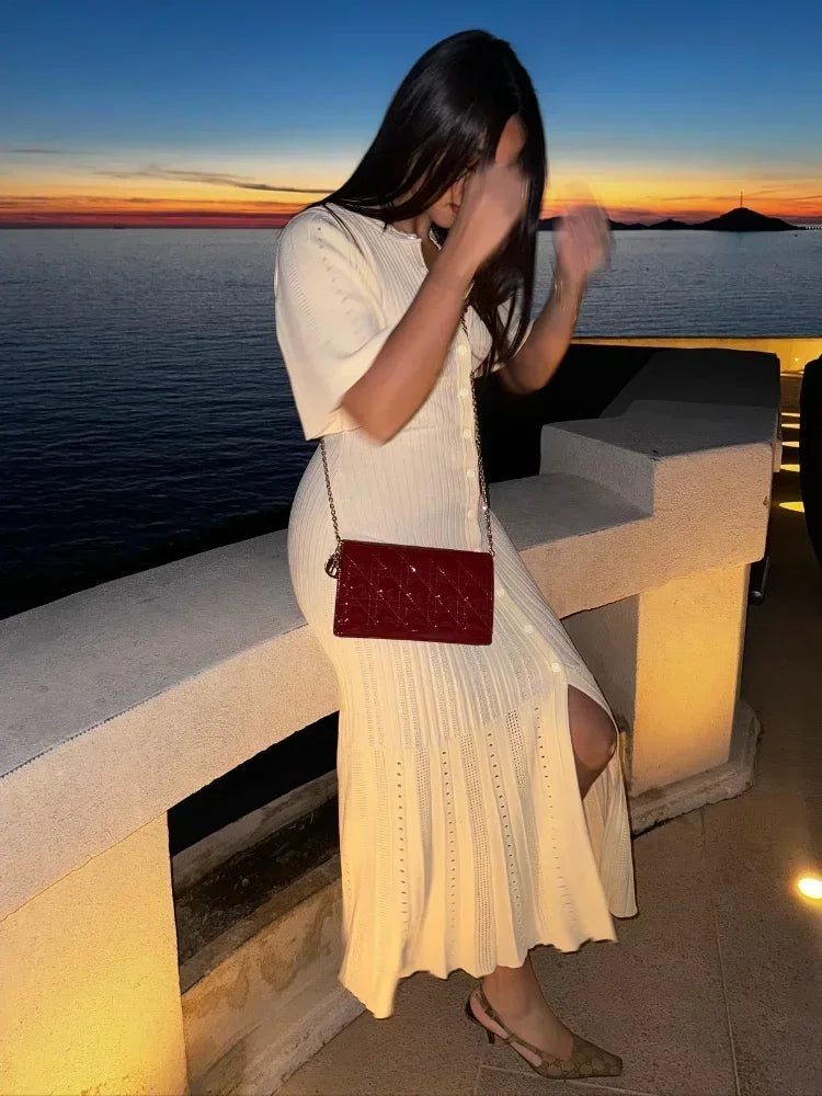 Fashion Elegant Hollow Out Knitted Dress Women Solid Short Sleeved Breasted Slim Dresses 2024 Elegant Female Commuting Robes