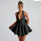 Jacquard Floral Halter Deep V-Neck Bow Back Fit and Flare Mini Dress